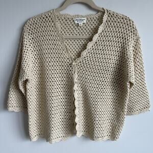 Norm Thompson Women's Plus Size 3X Linen Blend Crochet Top Cardigan Beige